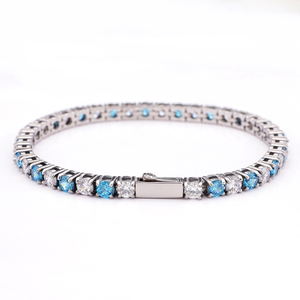 Stainless Steel Silver Color Tennis Chain With Aquamarine And White CZ