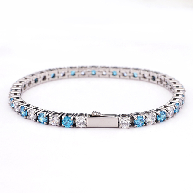Stainless Steel Silver Color Tennis Chain With Aquamarine And White CZ