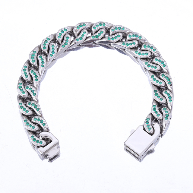 Stainless Steel Silver Flat Cuban Chain With All Zircon