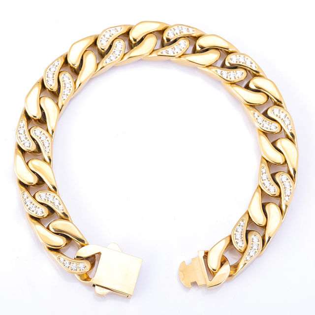 Stainless Steel Flat Gold Cuban Chain With 5A Zircon