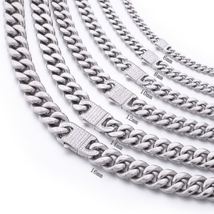 Stainless Steel Silver Color Cuban Chain With CZ Square Clasp