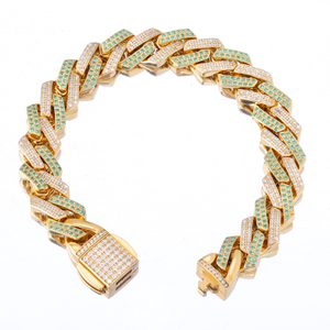 Stainless Steel Gold Prong Cuban Chain With Two Row Zircon