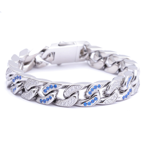 Stainless Steel Silver Flat Cuban Chain With Two Color Zircon