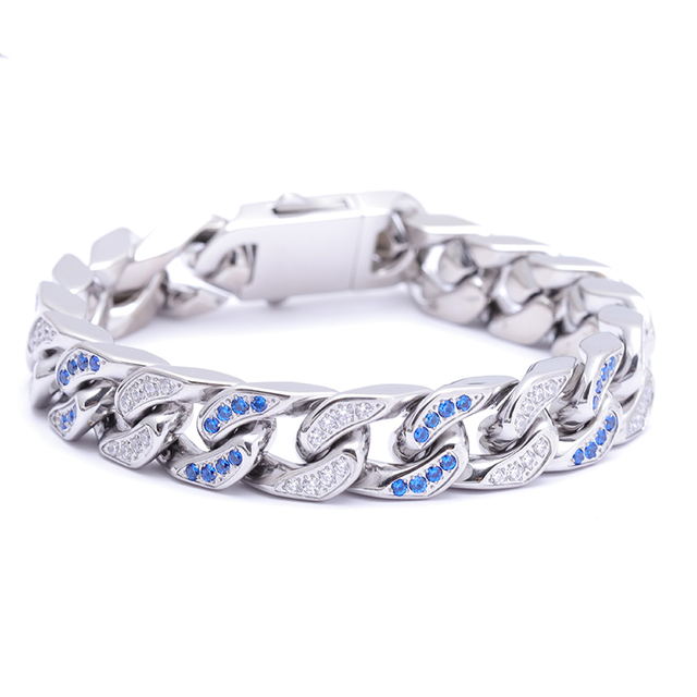 Stainless Steel Silver Flat Cuban Chain With Two Color Zircon