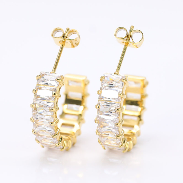 Stainless Steel C-shaped Stud Earring with 5A Zircon