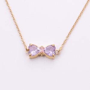 Stainless Steel Gold Bow Pendent Necklace with 5A Zircon