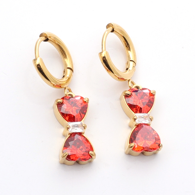 Stainless Steel Bow Drop Earring with Heart Zircon 