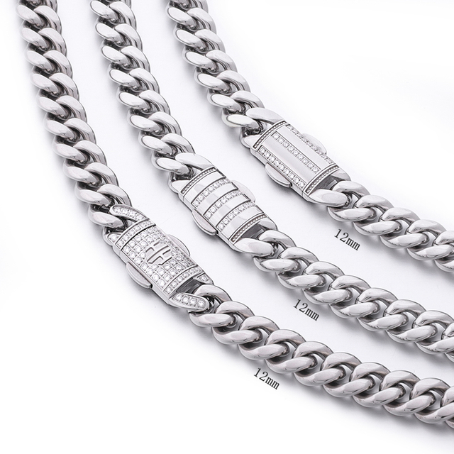 Stainless Steel Silver Color Cuban Chain With AAAAA CZ Arc Clasp