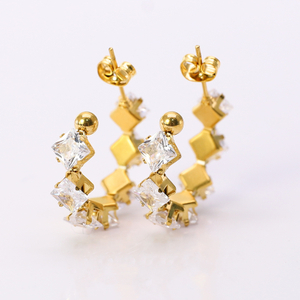 Stainless Steel C-shaped Stud Earring with 5A Zircon