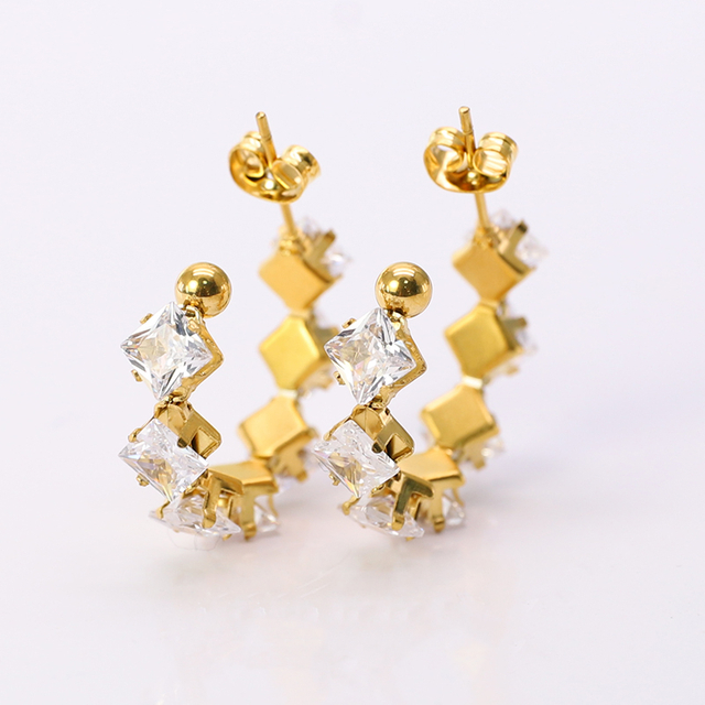 Stainless Steel C-shaped Stud Earring with 5A Zircon