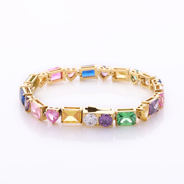 Stainless Steel Tennis Chain With Heart And Square Multicolour CZ