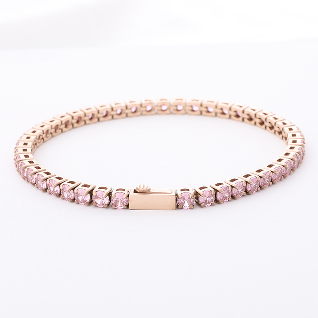 Stainless Steel Rose Gold Tennis Chain With Pink CZ