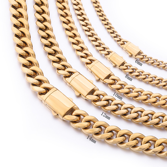 Stainless Steel 18K Gold Cuban Chain With Arc Clasp