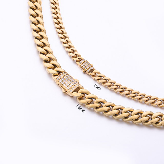 Stainless Steel Gold Cuban Chain With CZ Arc Clasp