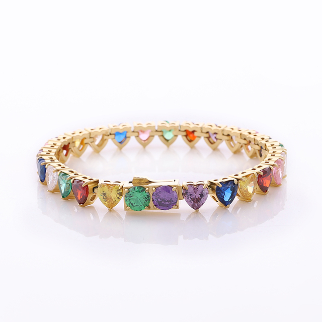 Stainless Steel Tennis Chain With Heart Multi Colourl CZ