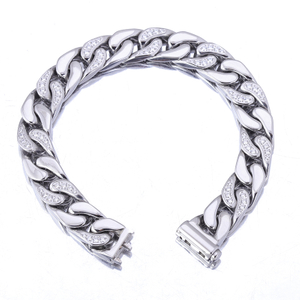Stainless Steel Silver Flat Cuban Chain With 5A Zircon