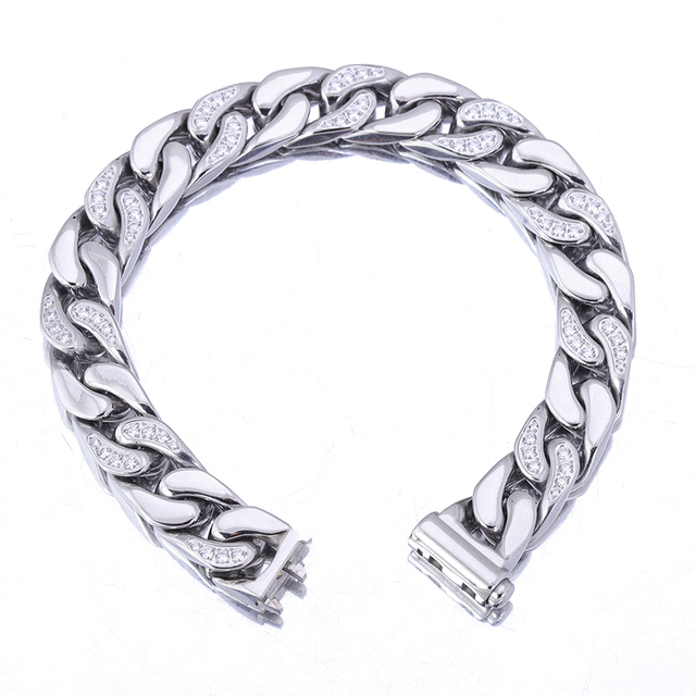 Stainless Steel Silver Flat Cuban Chain With 5A Zircon