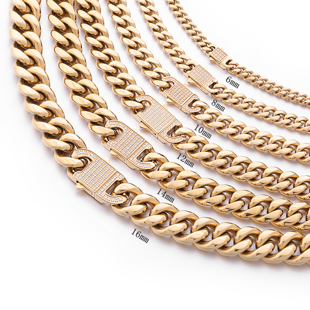 Stainless Steel PVD 18K Gold Cuban Chain With CZ Square Clasp