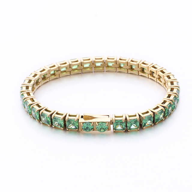 Stainless Steel Tennis Chain With Square Green Zircon