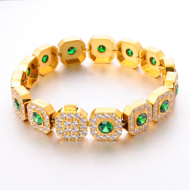 Stainless Steel Miami Baggutte Square Cuban Chain with Green Zircon