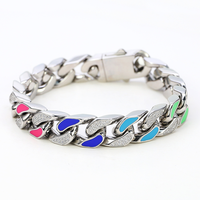 Stainless Steel Enamel Cuban Chain With 5A Zircon