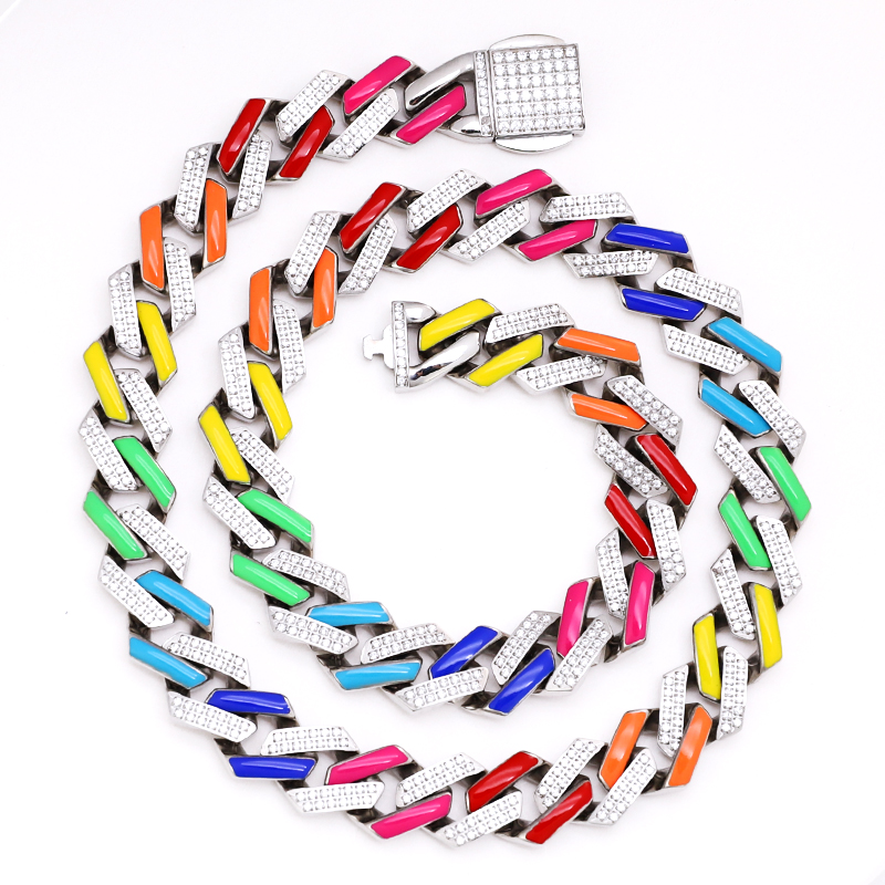 Stainless Steel Enamel Prong Cuban Chain with 5A Zircon