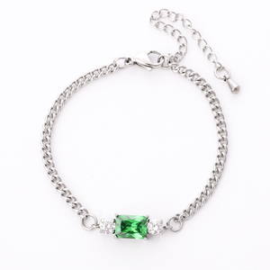 Stainless Steel Square Green Zircon Cuban Chain Bracelet 