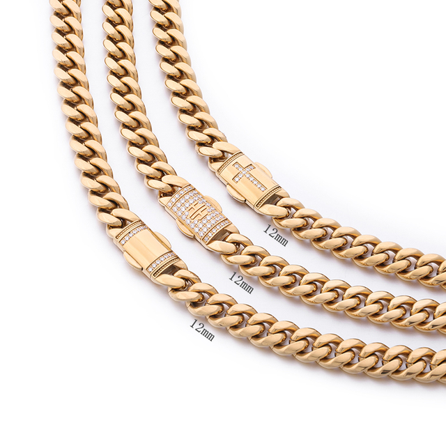 Stainless Steel PVD 18K Gold Cuban Chain With CZ Arc Clasp
