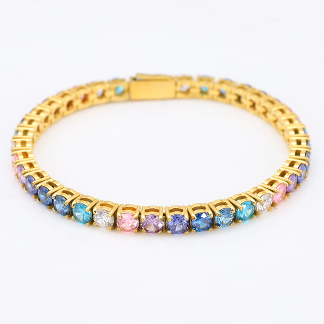 Stainless Steel PVD 18K Gold Tennis Chain With Colorful Zircon