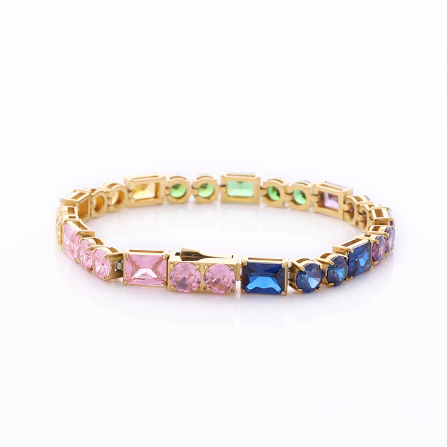 Stainless Steel Tennis Chain With Square And Round Multi Color CZ