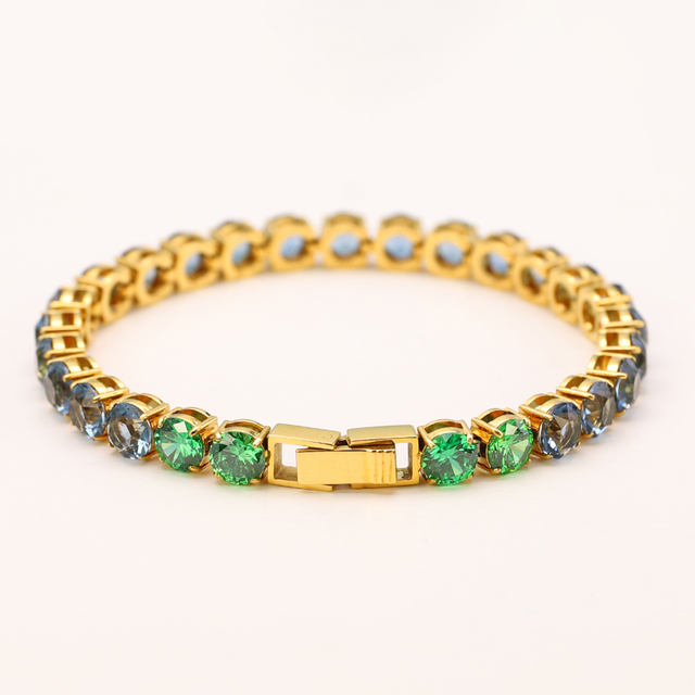 Stainless Steel 18K Gold Tennis Chain With Green CZ