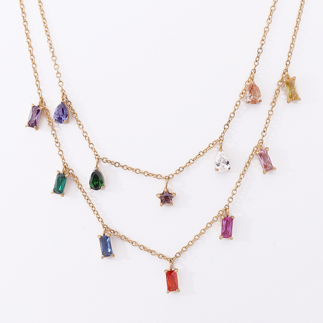 Stainless Steel Double Chain Pendant Necklace With 5A Zircon