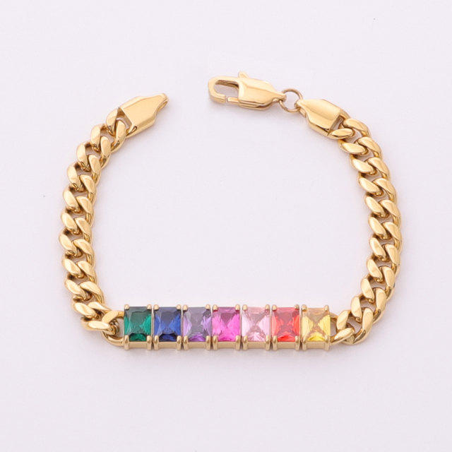 Stainless Steel Cuban Chain Bracelet With Colorful Rectangle Zircon